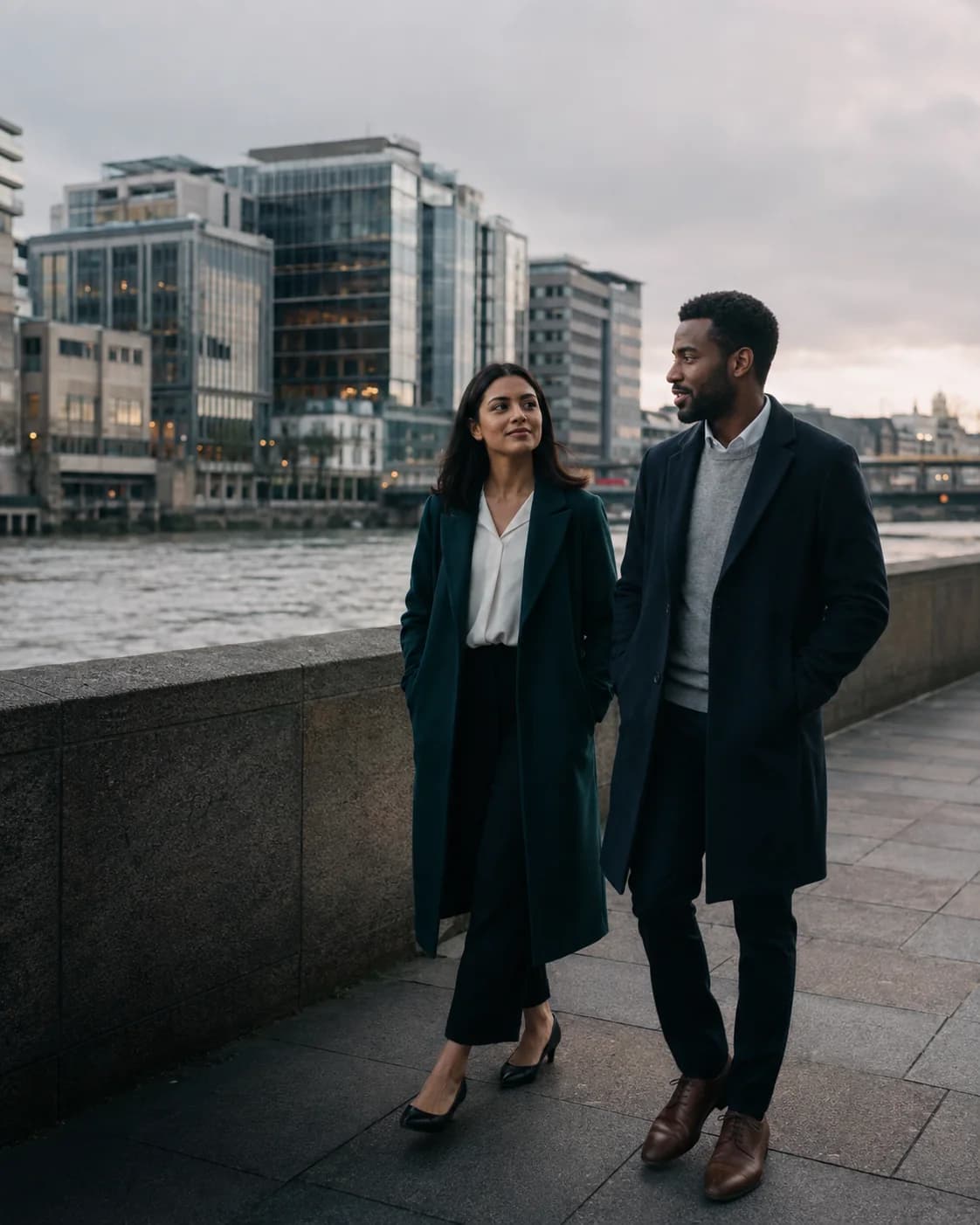 Two professionals walking beside the River Thames in London
